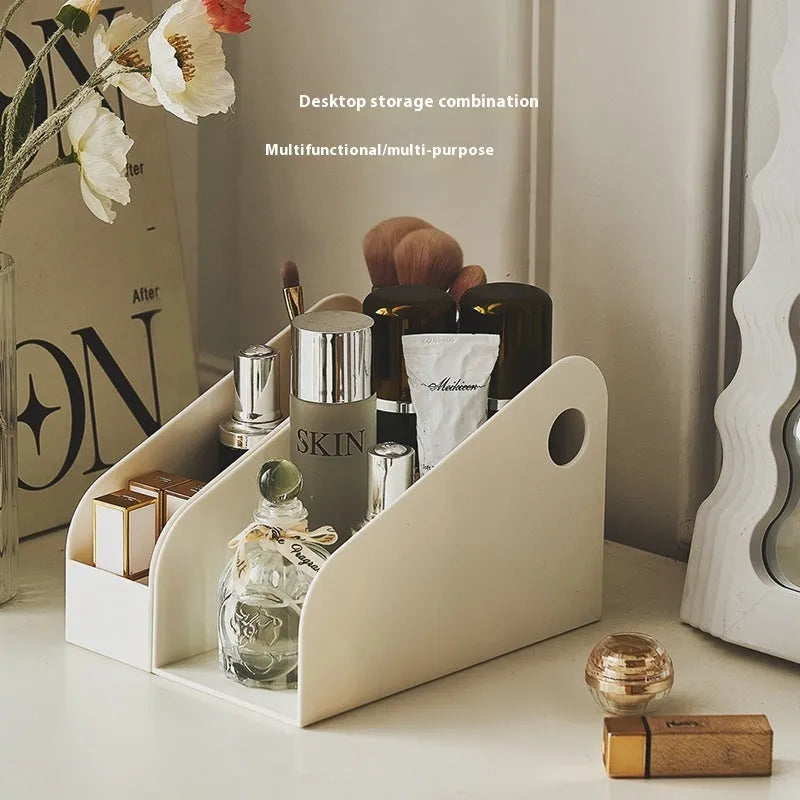 Plastic desktop organiser box with two internal shelves in ivory white colour