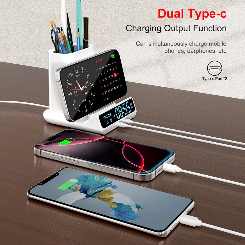 Black and white minimalist desk lamp with wireless charging pad, pen holder, and storage box.