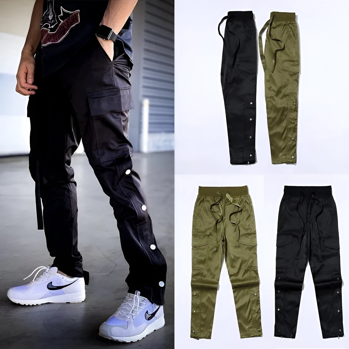 Men's cotton cargo pants with green colour, straight leg, and Velcro button closure on black background