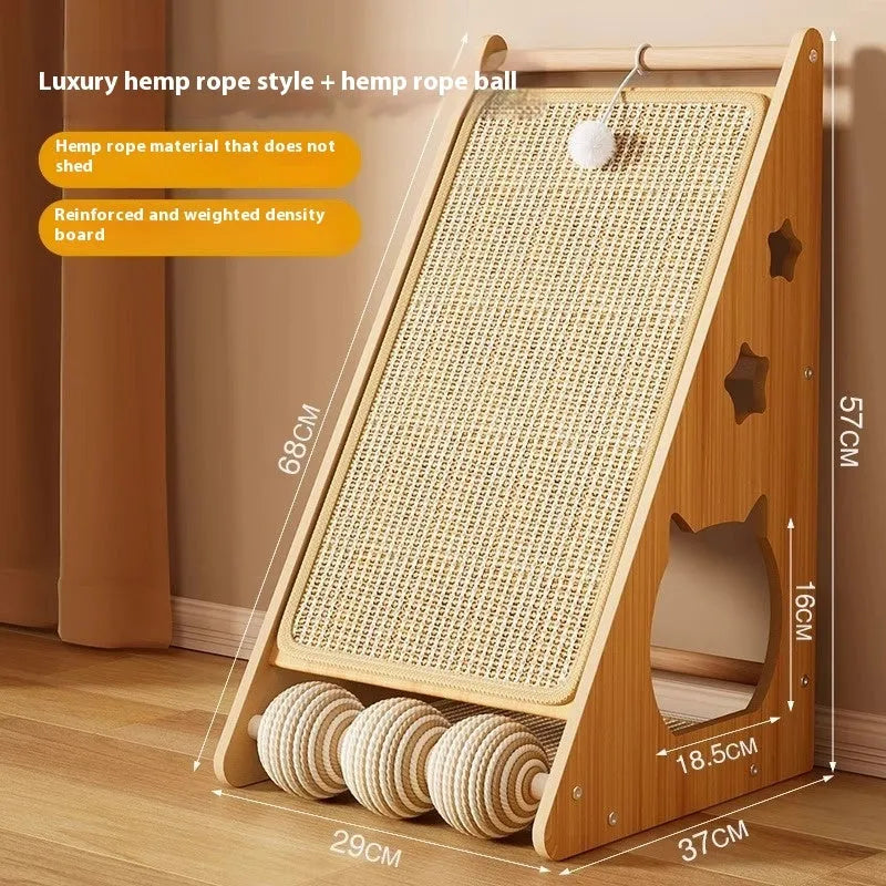 Vertical wall-mounted cat scratch board with sisal surface and a cat teasing ball.