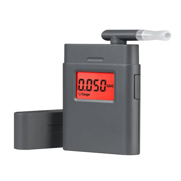 At-838 black handheld alcohol detector breathalyzer with display and mouthpiece on a white background