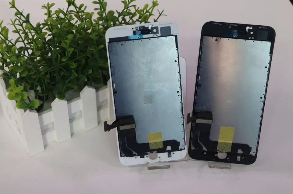 iPhone LCD screen replacement kit showing display, capacitive touch layer, and metal disassembly tool.