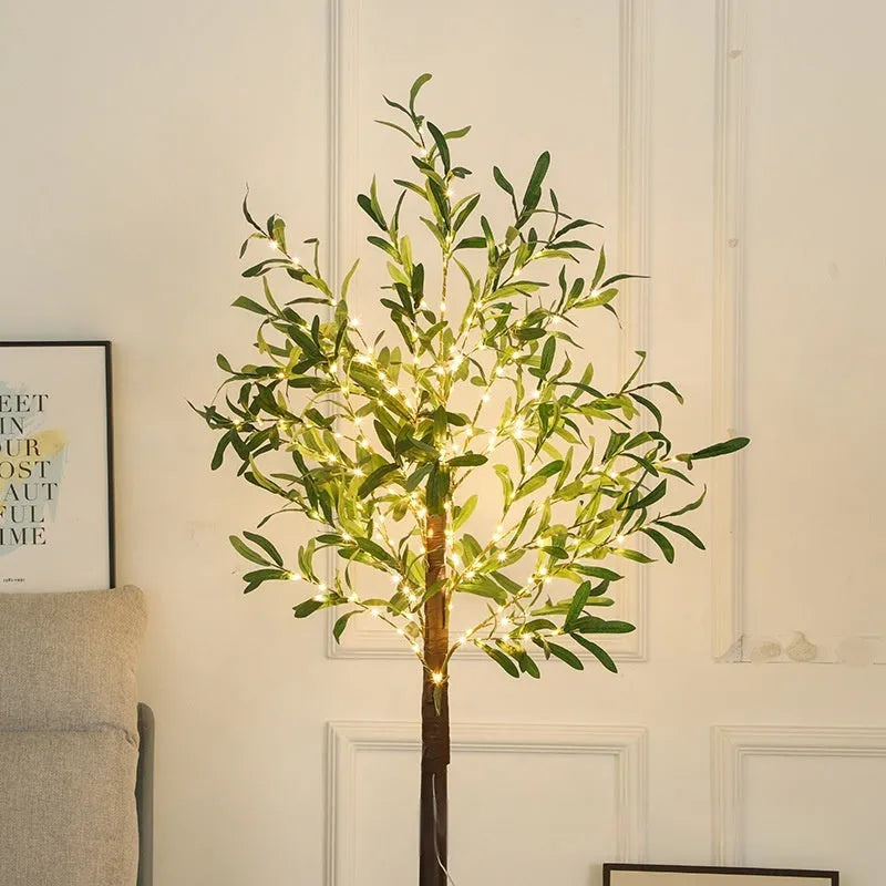 1.8 metre tall artificial olive tree lamp with warm white LEDs lit up, suitable for courtyard or garden decoration.