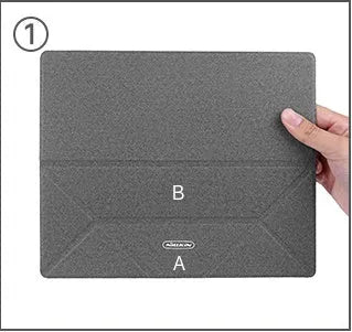 Blue foldable laptop cooling bracket shown open and closed, with an ergonomic viewing angle.