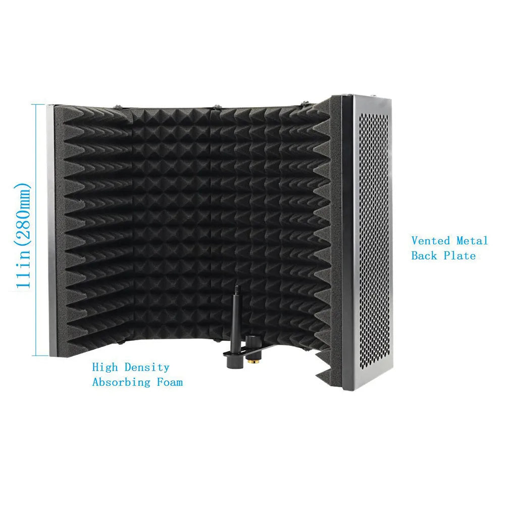 5-door black microphone enclosure with porous aluminium frame and high-density sponge panels on a recording desk