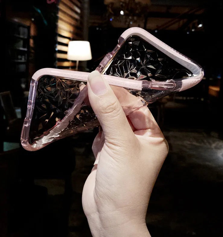 TPU iPhone case with striped back design showing black, pink and white edge colour options