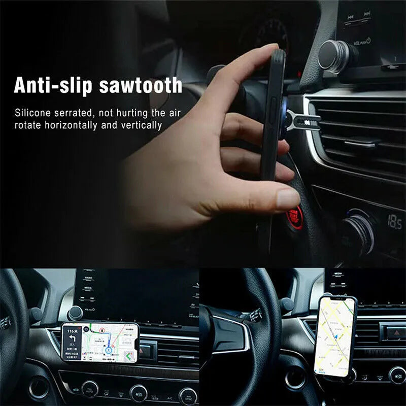 Universal car air vent phone holder with finger ring grip, zinc alloy body, silicone clip, 360° rotation