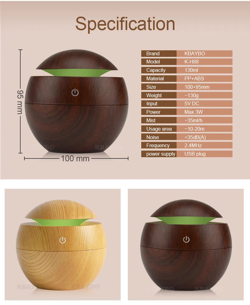 USB ultrasonic aroma essential oil diffuser humidifier 130ml light wood colour with blue LED night light