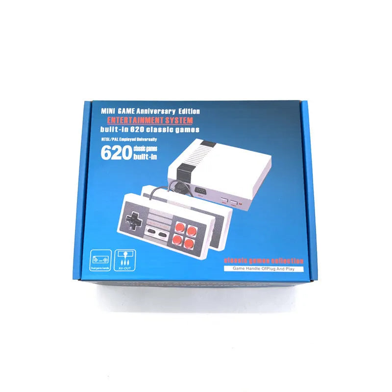 Retro grey and red 8-bit NES game console with two classic controllers on a table.