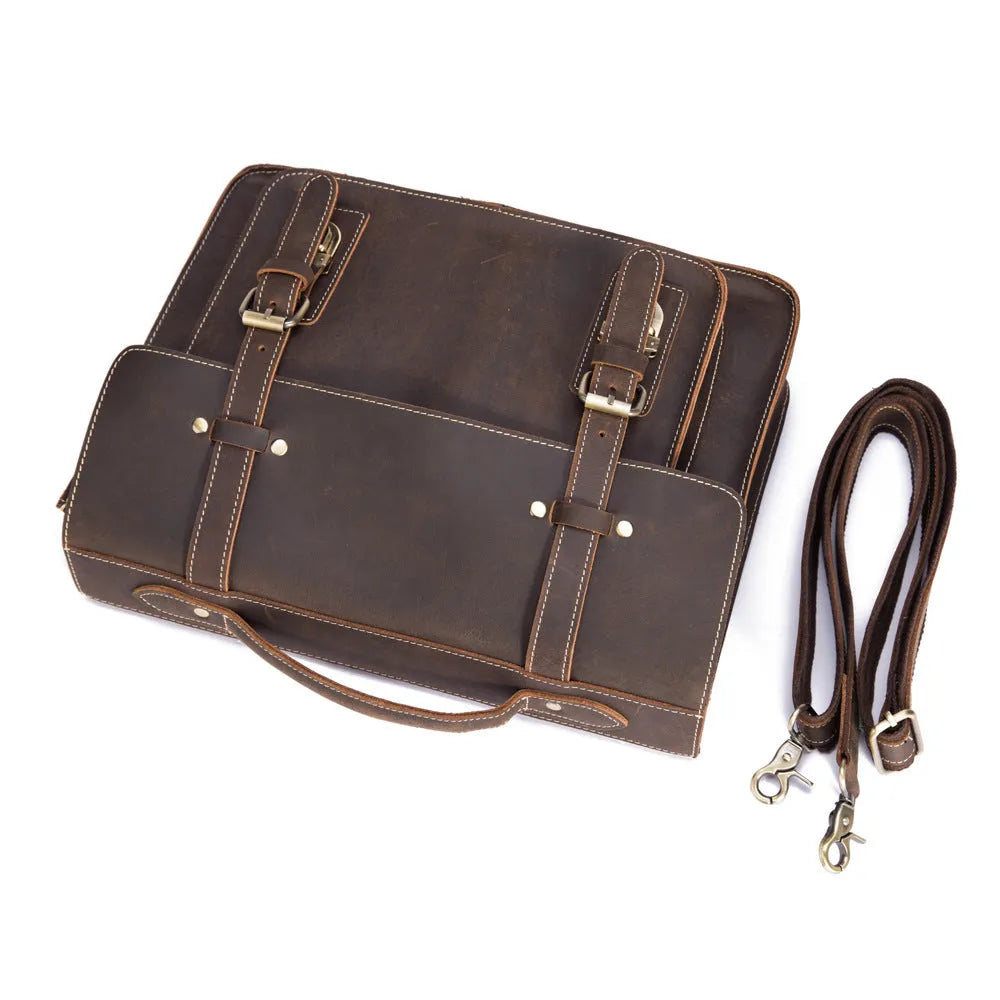Men's handbag in dark brown coffee first layer crazy horseskin leather, shown as a shoulder bag on a model.