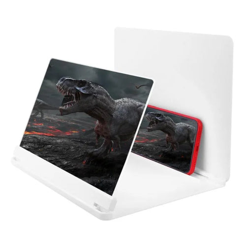Black and white phone screen amplifier with 9 inch screen and built-in smartphone holder.