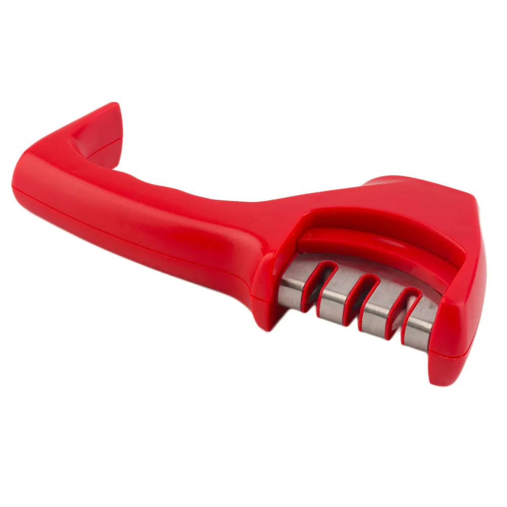 Three-stage knife sharpener with ABS body, anti-slip rubber feet, 20.5cm x 6cm x 7.5cm, available in four colours