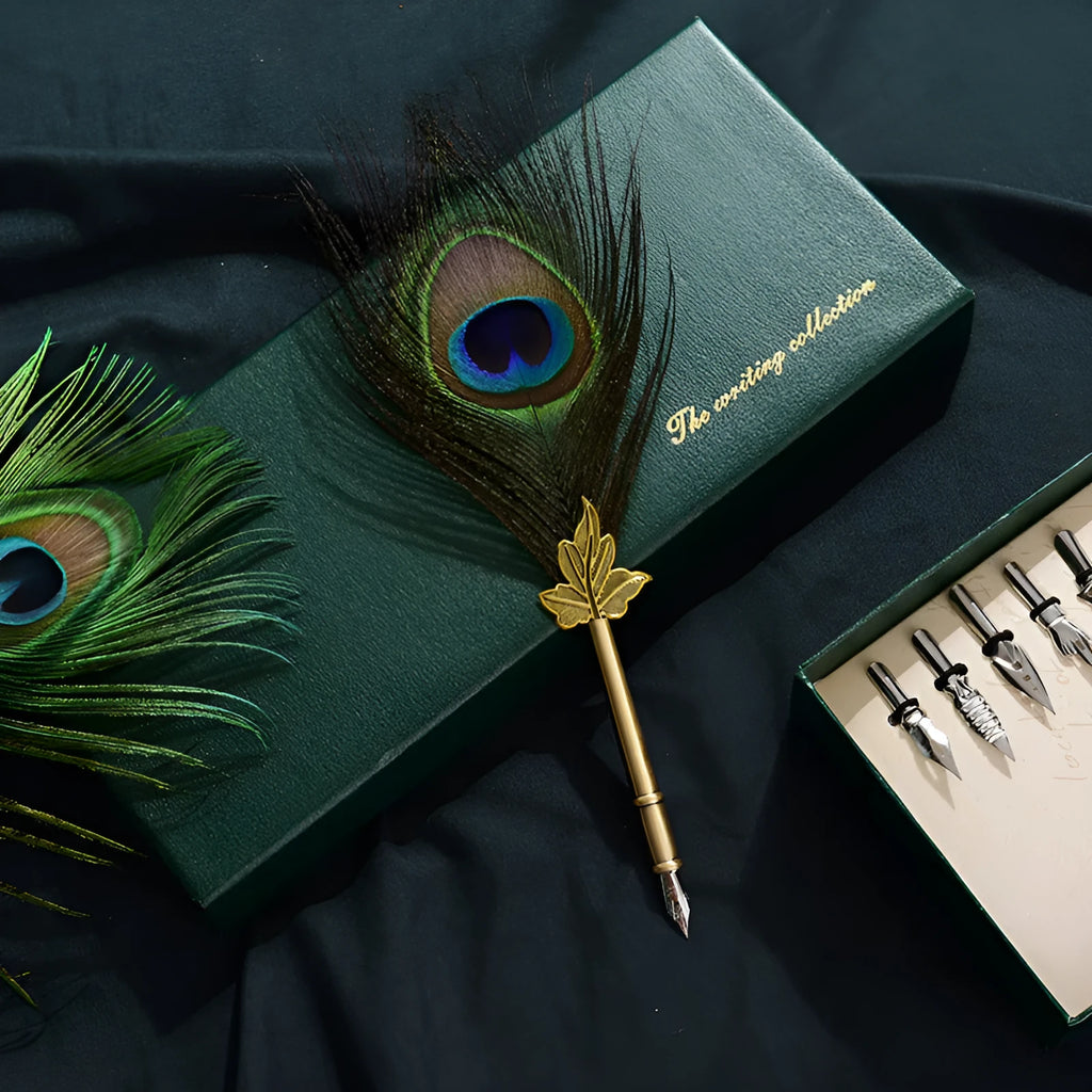 Retro green peacock feather pen set with ink bottle and base on a wooden desk
