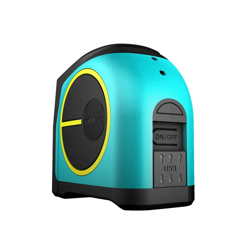 2-in-1 laser tape measure tool with 5m nylon coated blade and magnetic hook on a metal surface