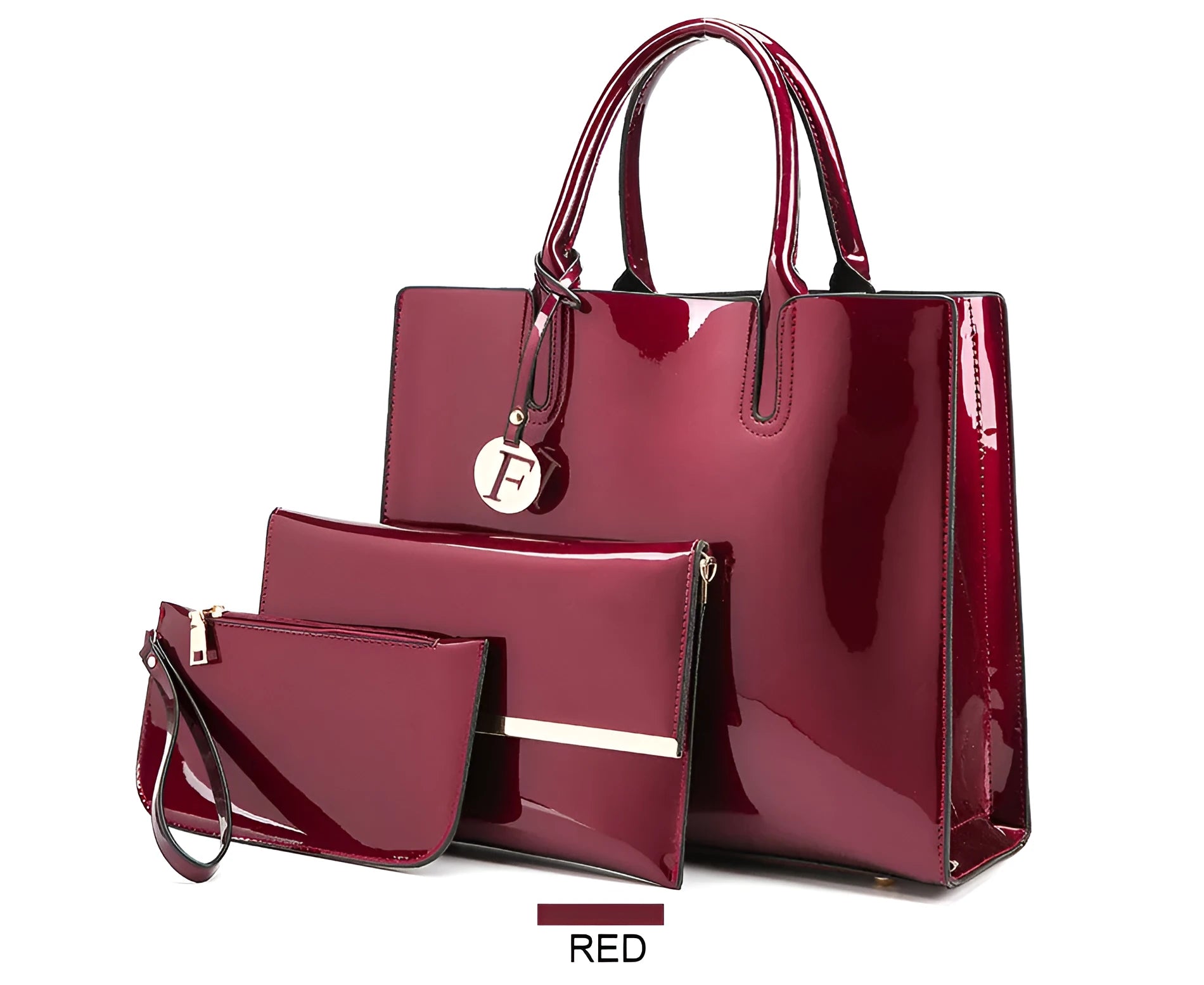 Three soft patent leather handbags in solid colours for women, shoulder and crossbody style with zipper closure