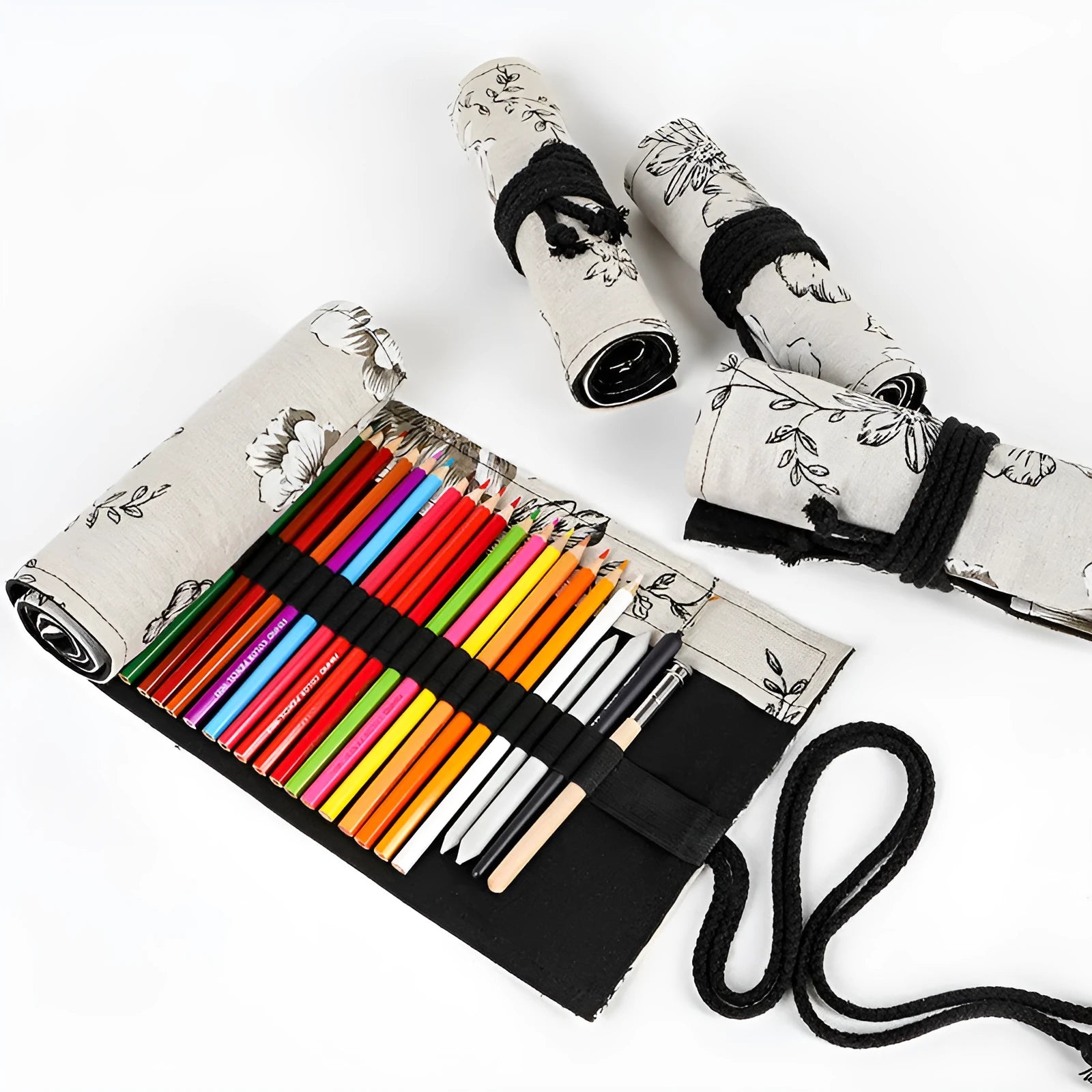 Japanese printed canvas rolling pencil case with Black Peony pattern, square shape, cotton and linen fabric, multiple hole sizes for pens