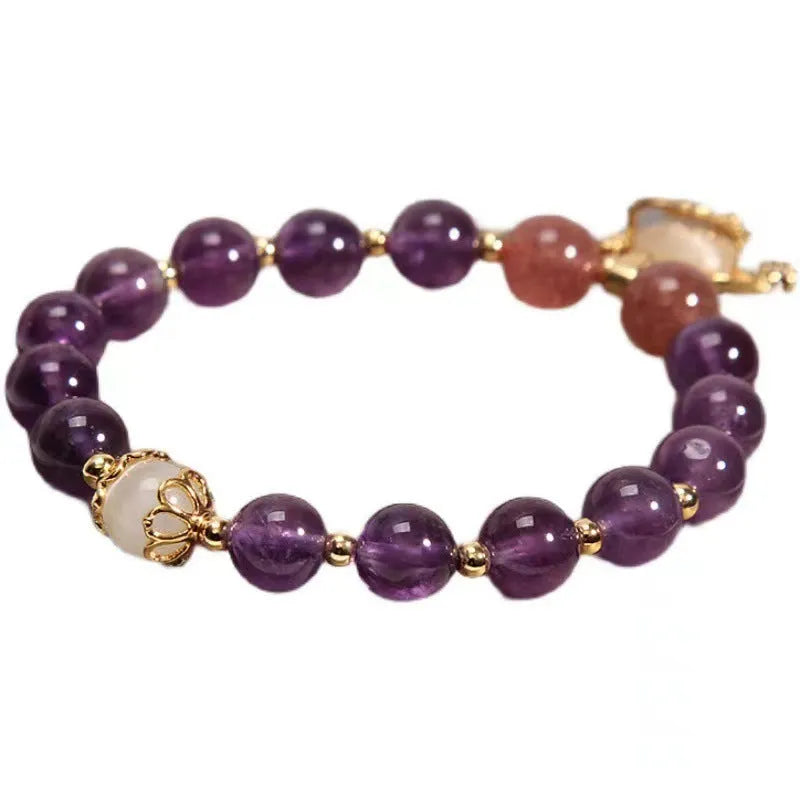 Handmade copper bracelet with natural amethyst stones and gold longevity lock in retro drop shape