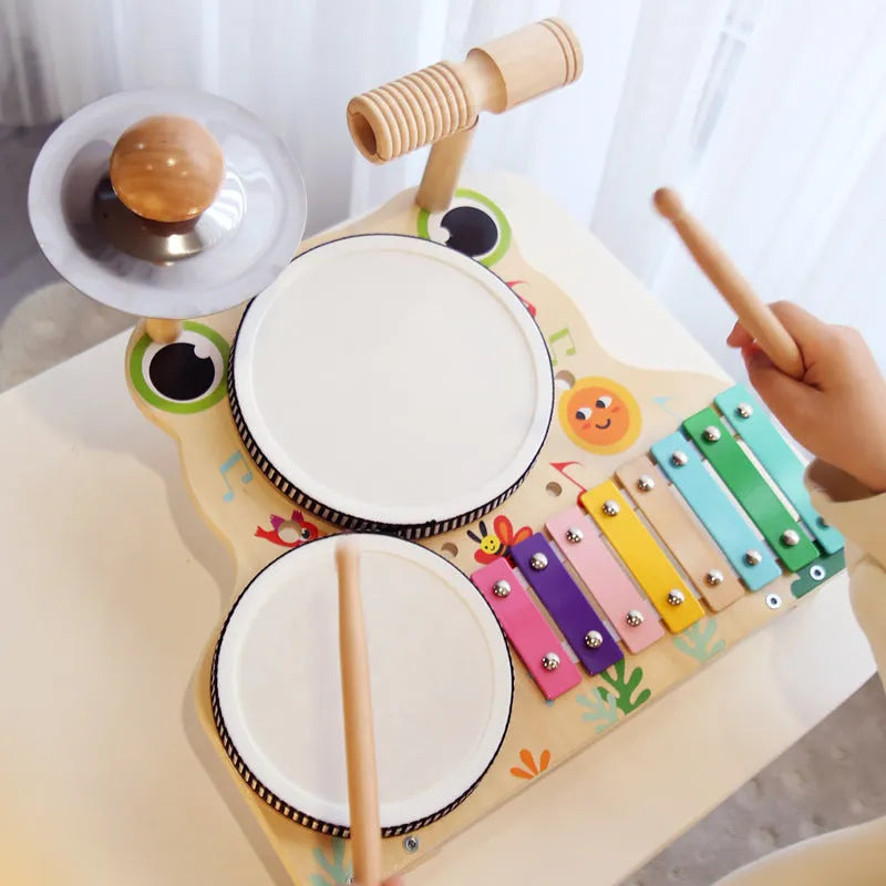 Wooden frog multi-functional drum kit educational toy, 33 x 30 x 23 cm, in a colour box