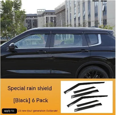 Black engineering plastic window deflectors fitted on a 2023 Mitsubishi Outlander front window.