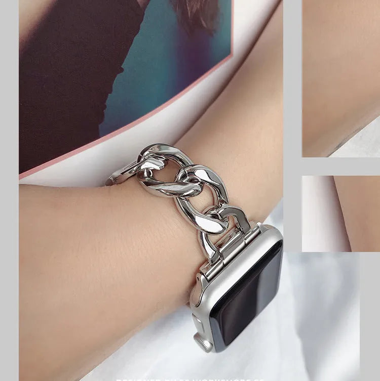 Stainless steel single row denim chain watch strap 180mm in silver colour on a dark background