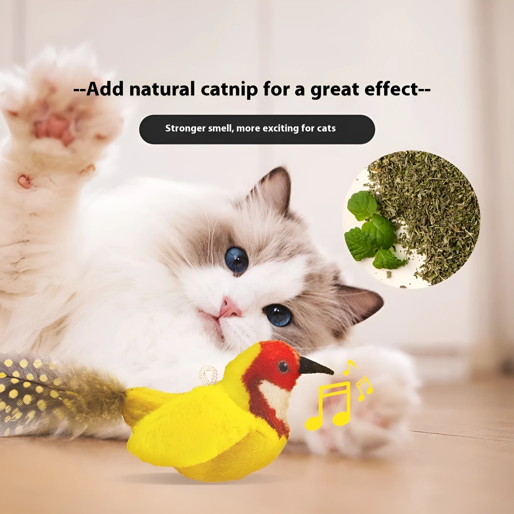 Plush bird simulation cat toy in blue kingfisher colour on a white background.