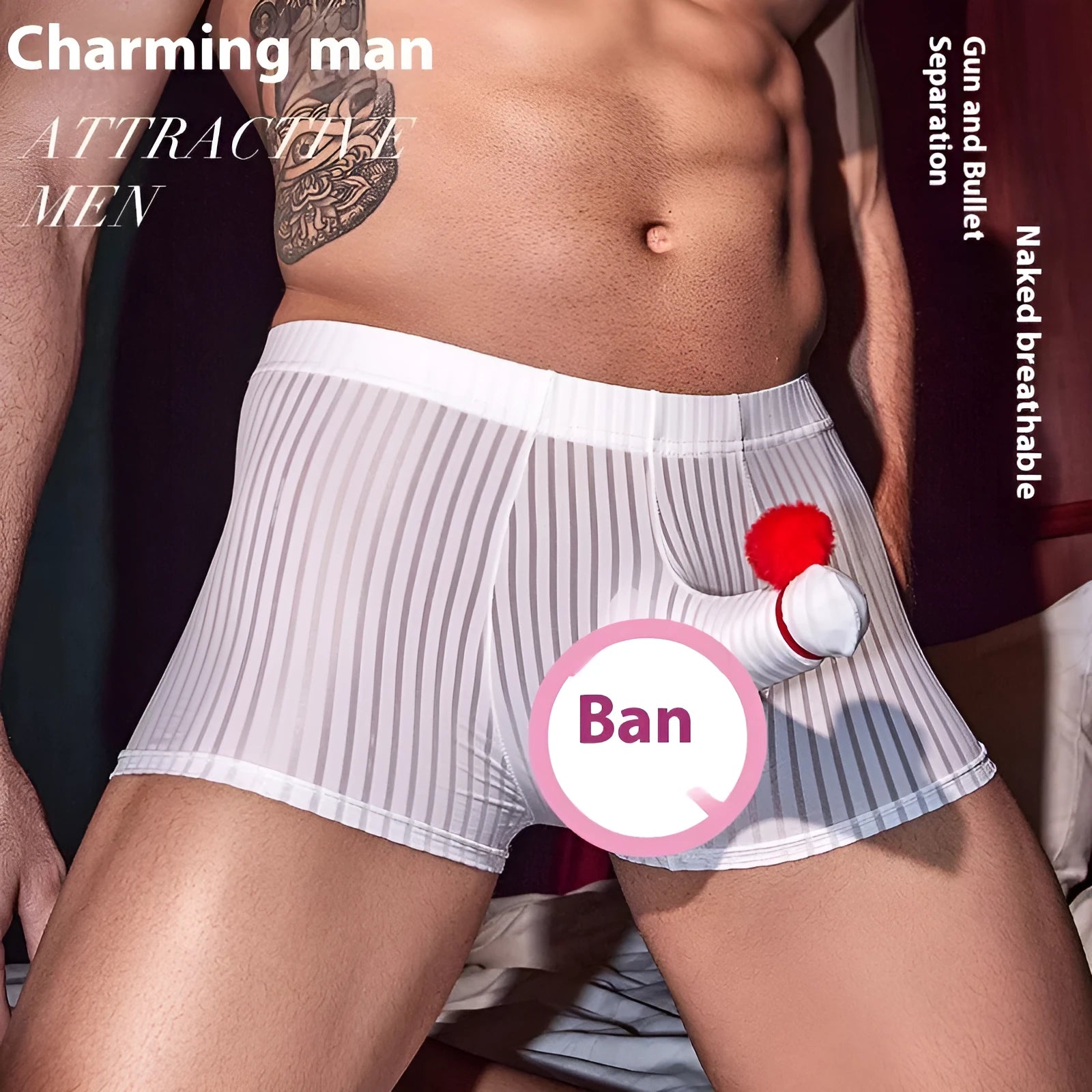 Men's black and white striped nylon boxer briefs on a mannequin, showing elastic waistband.