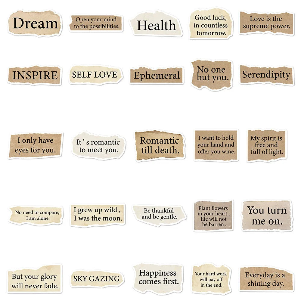 Pack of 25 Tear English design TT284 waterproof PVC adhesive stickers in matte and glossy finish.
