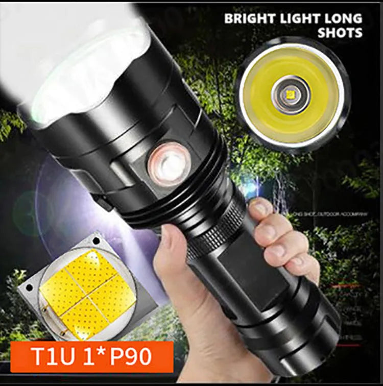 Black aluminium alloy XHP90 LED tactical flashlight showing dimensions and switch.