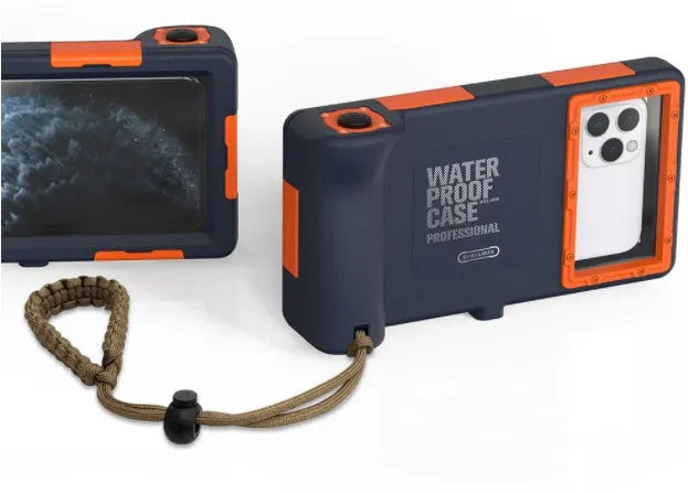 Orange universal waterproof phone case for iPhone and Samsung Galaxy models with clear touchscreen panel