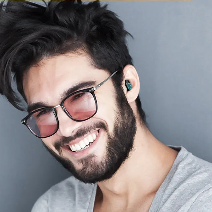 Black wireless Bluetooth 5.0 in-ear earbuds with ear hooks and charging case for iPhone and Android.