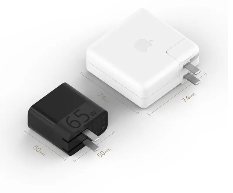 Black 65W USB-C laptop power adapter showing compact design with single USB-C output port
