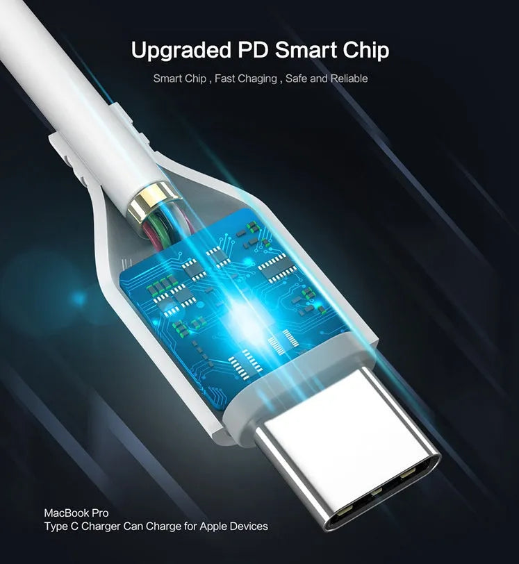 White nylon-braided USB-C to Lightning cable with aluminium connectors, 1 metre long.
