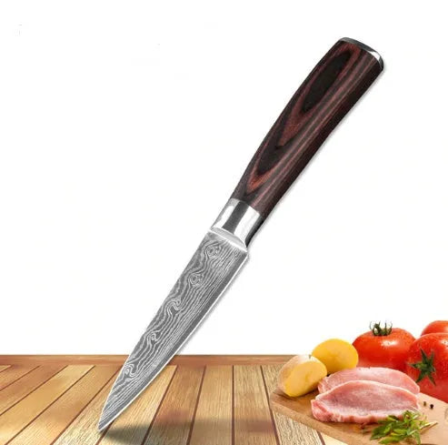7Cr17 stainless steel kitchen knife with Damascus pattern blade and coloured wood handle on a cutting board.