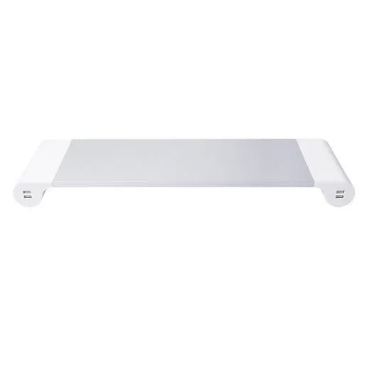 Aluminium computer monitor stand with 4 USB charging ports and keyboard storage space underneath