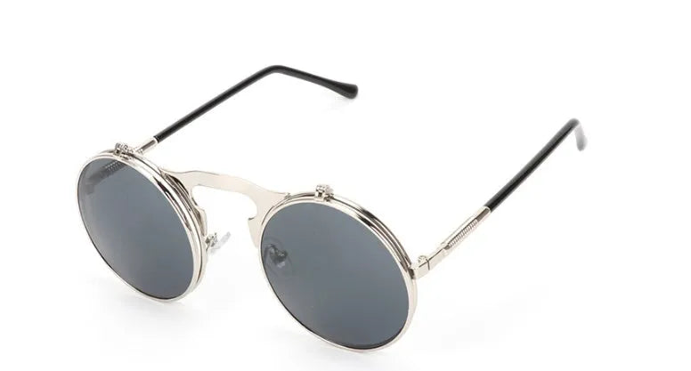 New vintage round steampunk sunglasses flip-up UV protection metal frame for men and women in gold and grey