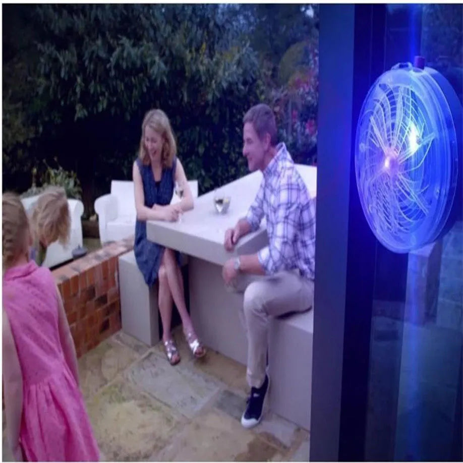 Solar bug zapper with blue UV light, electric grid, and included rechargeable batteries for indoor outdoor pest control
