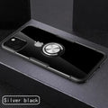Black PU iPhone case with integrated car holder for iPhone 11 Pro Max shown from the back.