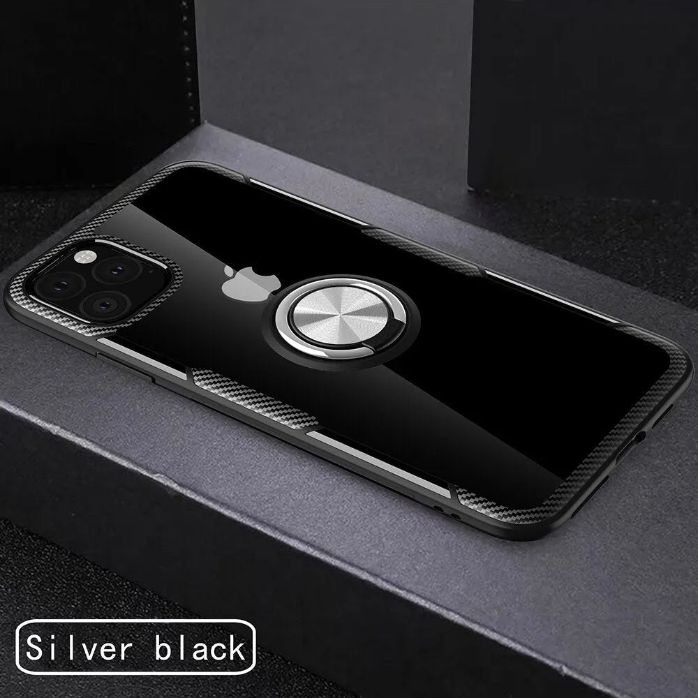 Black PU iPhone case with integrated car holder for iPhone 11 Pro Max shown from the back.