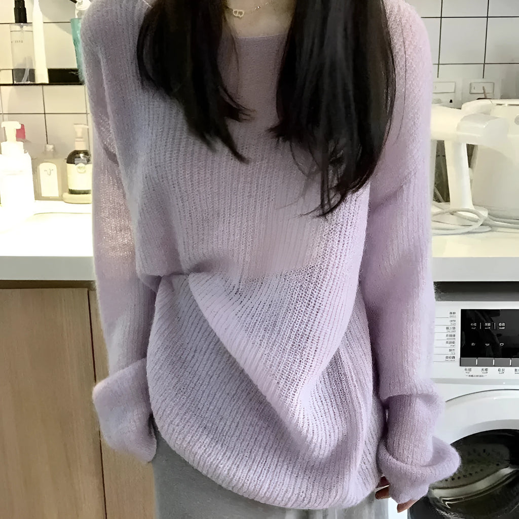 Purple women's Ice Silk blouse with hollow-out princess sleeves on a hanger.