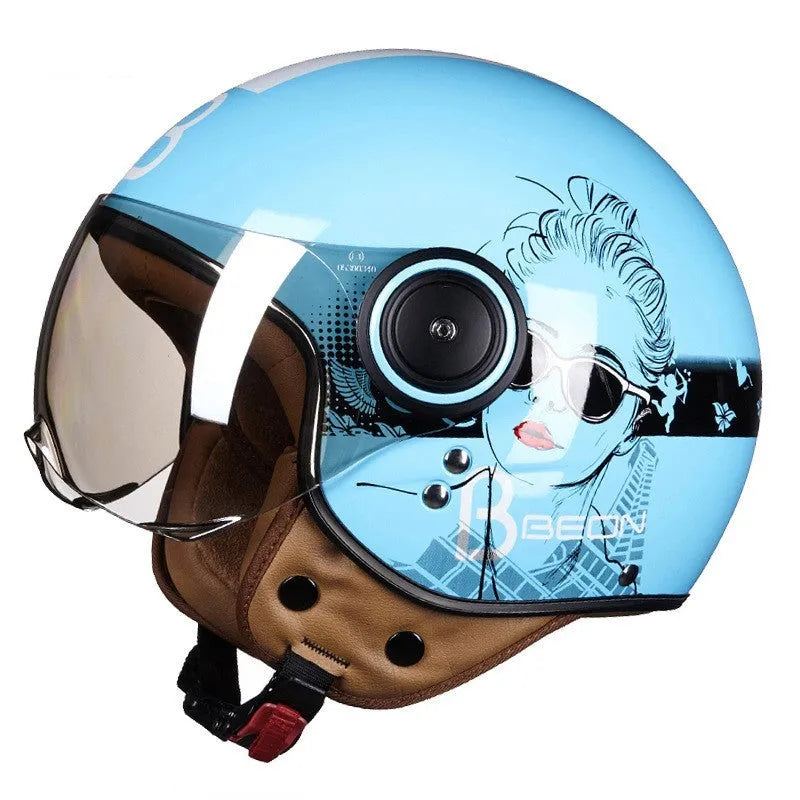 Retro-style half helmet for battery cars in bright blue and red colour combination showing ABS construction