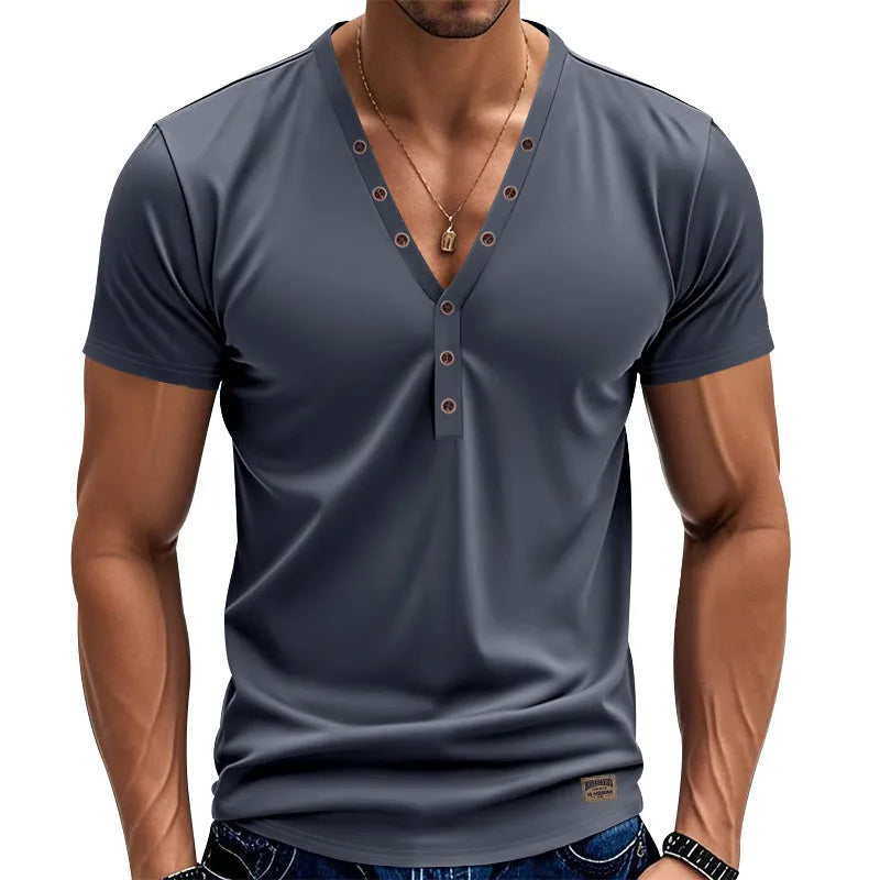 Men's loose thin grey V-neck pullover top with button design on a hanger.