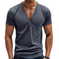 Men's loose thin grey V-neck pullover top with button design on a hanger.