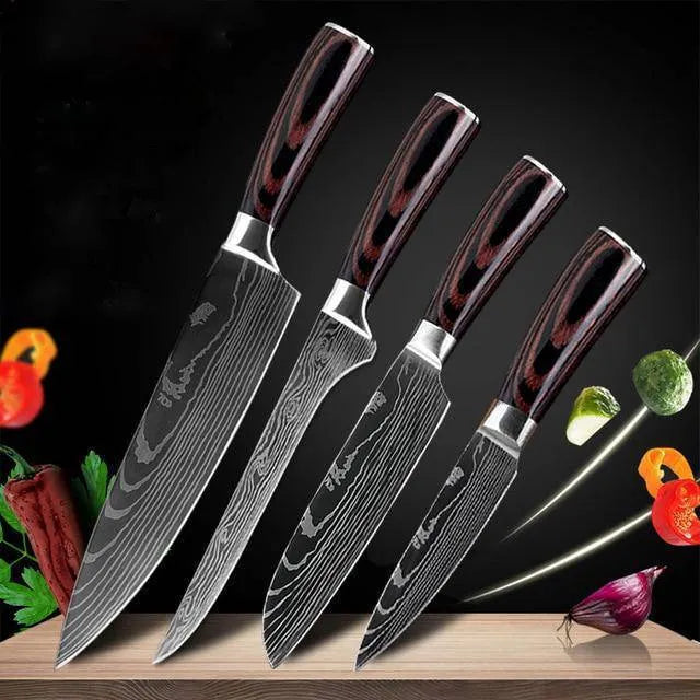 7Cr17 stainless steel kitchen knife with Damascus pattern blade and coloured wood handle on a cutting board.