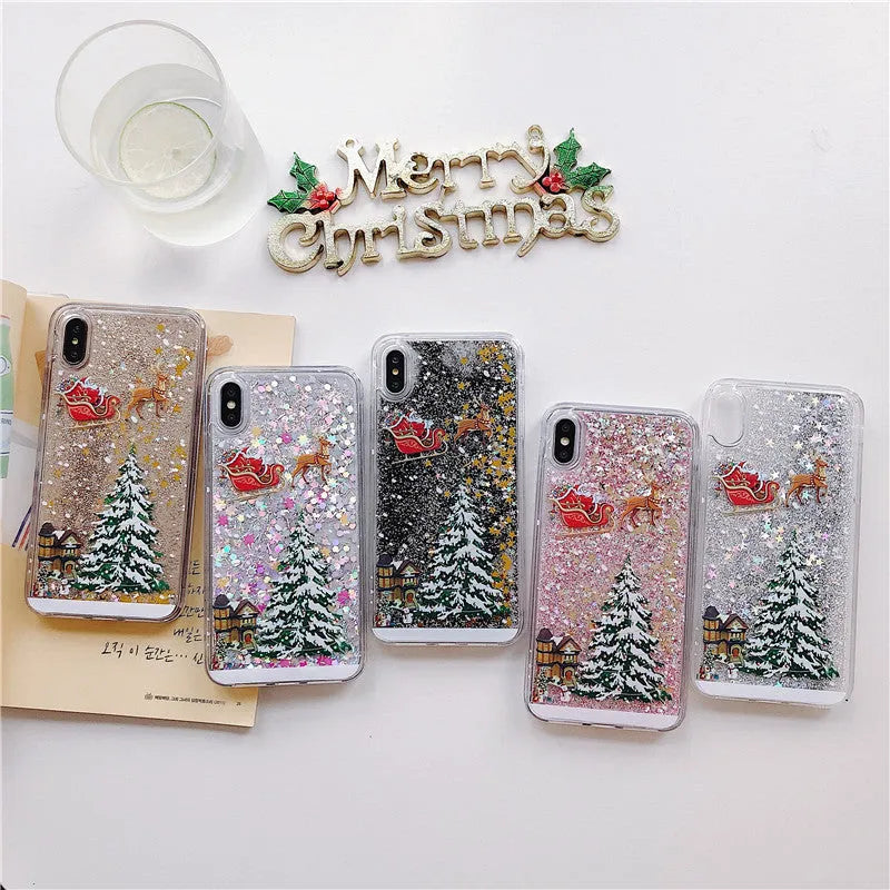 Transparent quicksand iPhone case with Santa Claus Christmas tree design in pink colour