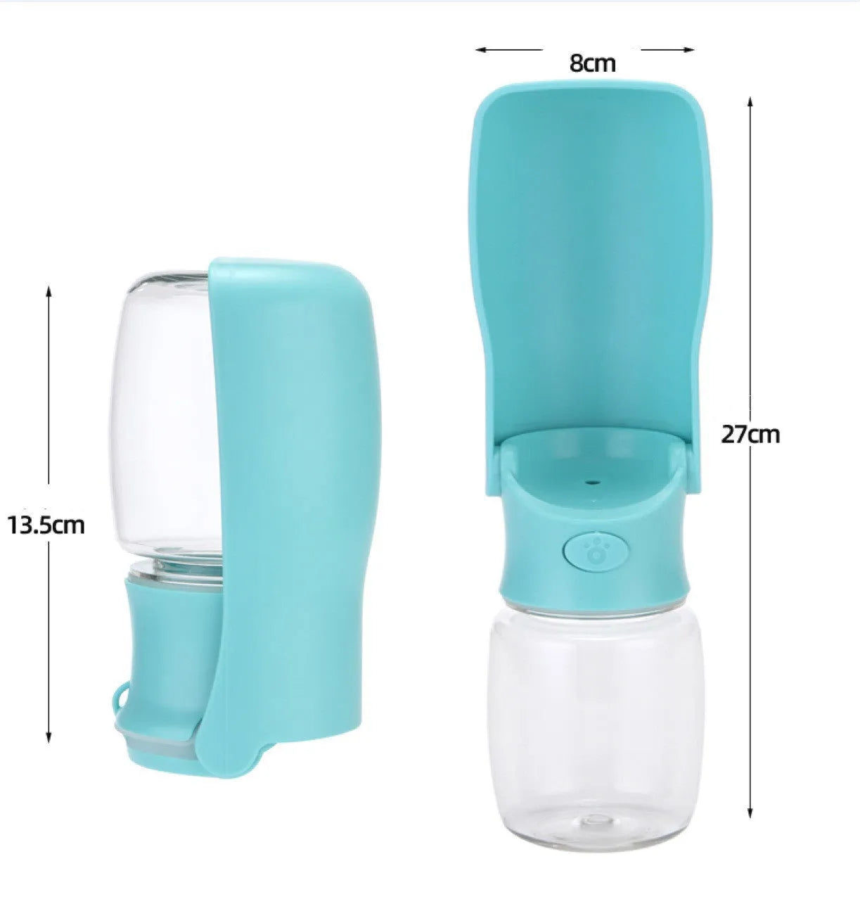 Foldable dog portable water bottle pet water dispenser in blue 350ml on white background