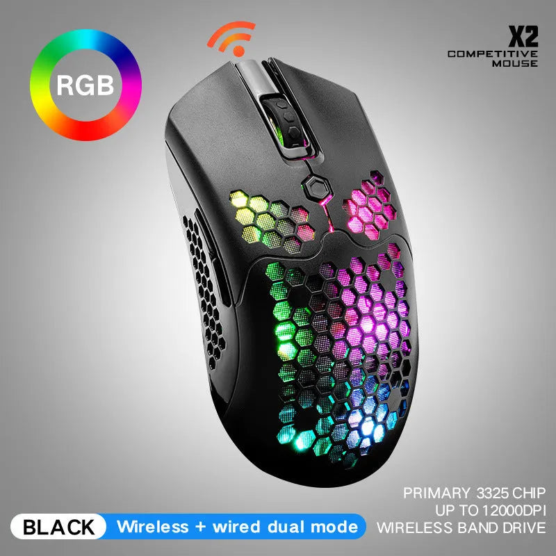 Free Wolf X2 wireless gaming mouse in black on a mouse mat, showing RGB lighting and USB-C cable.