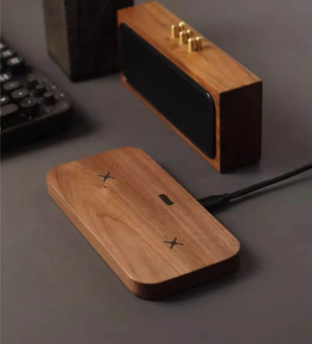 Walnut flat dual wireless charger for phone and earphone or Apple Watch with 15W fast charging and foreign object detection