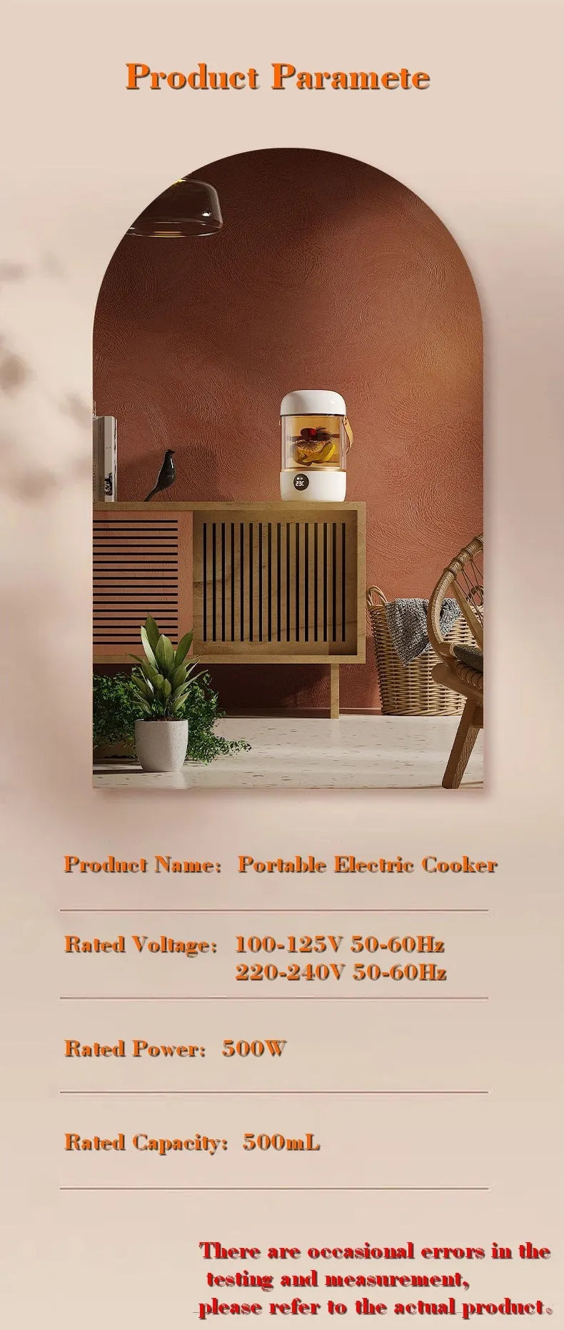 Personal portable electric stew cooker with transparent glass pot and fibreglass body on a desk.