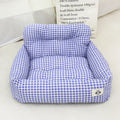 Grey and blue plaid car-mounted dog outing nests showing small and large size options