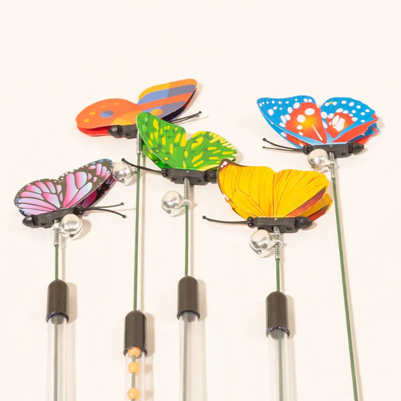 Retractable cat teasing stick with spring butterfly attachment in mixed hair colours, full length 30-50cm on a light background